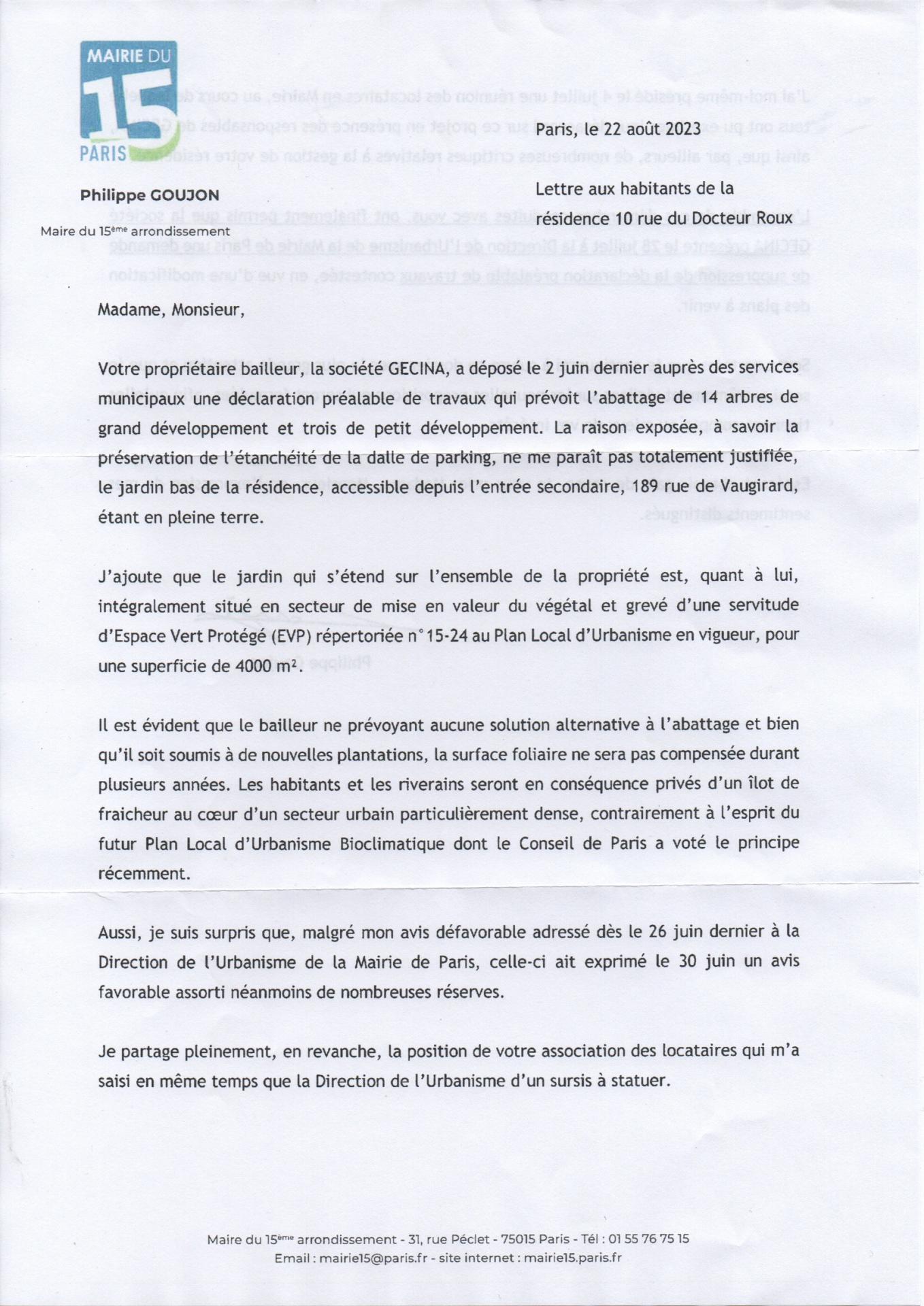 Lettre du maire du 15eme page1